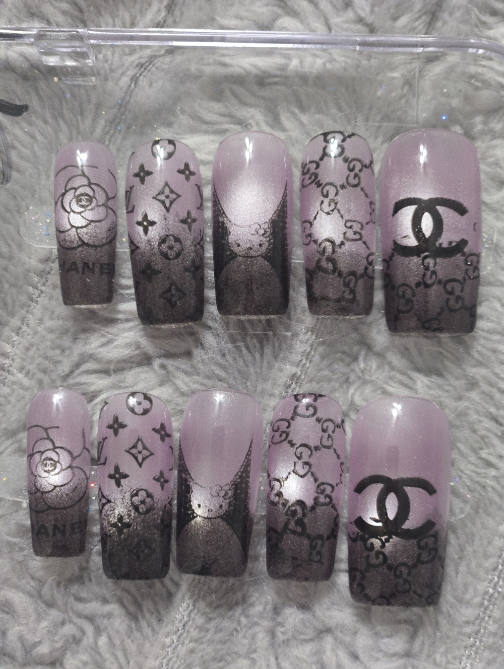 Designer Inspired PurpleOmbre Press-On Nails with Black Logo Accents